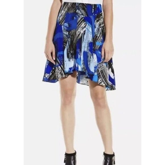 Vince Camuto Abstract Bright Blue White Black Print A Line Skirt Size 10 Lined - Picture 4 of 10
